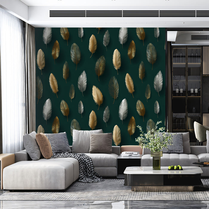 Modern Feather Pattern Mural Wallpaper | Gold & Silver Luxury