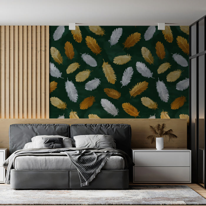 Modern Feather Pattern Mural Wallpaper | Gold & Silver Luxury