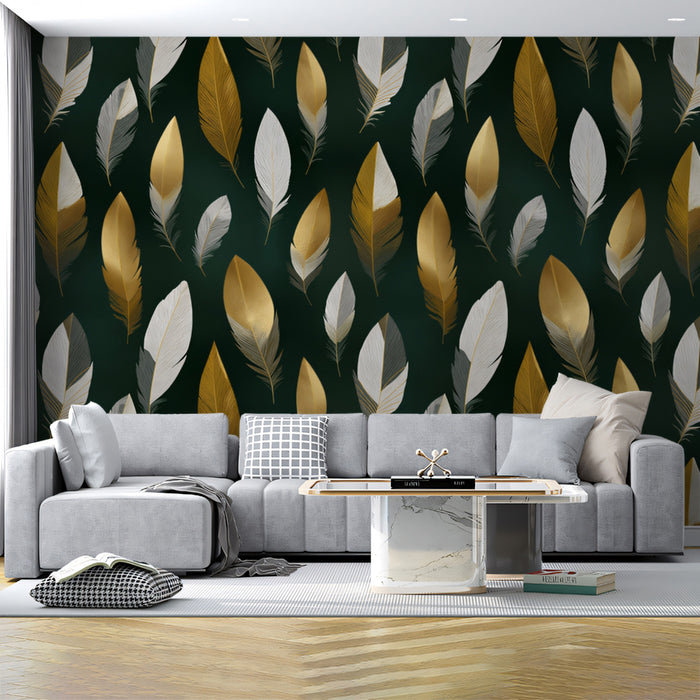 Modern Feather Pattern Mural Wallpaper | Gold & Silver Luxury