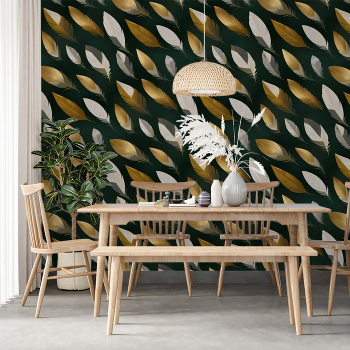 Modern Feather Pattern Mural Wallpaper | Gold & Silver Luxury