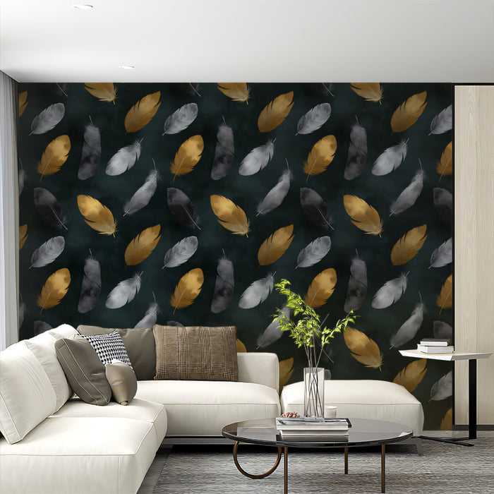 Modern Feather Pattern Mural Wallpaper | Gold & Silver Luxury