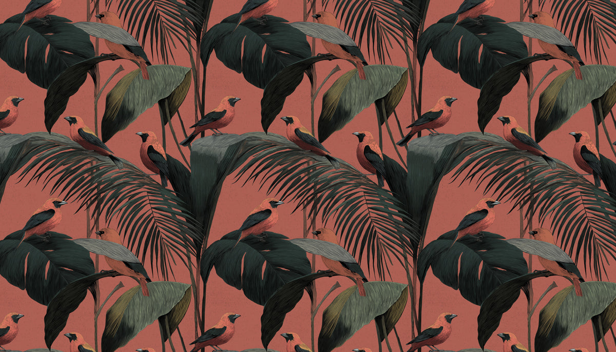 Classic Tropical Birds Mural Wallpaper | Warm Palm Tree Print