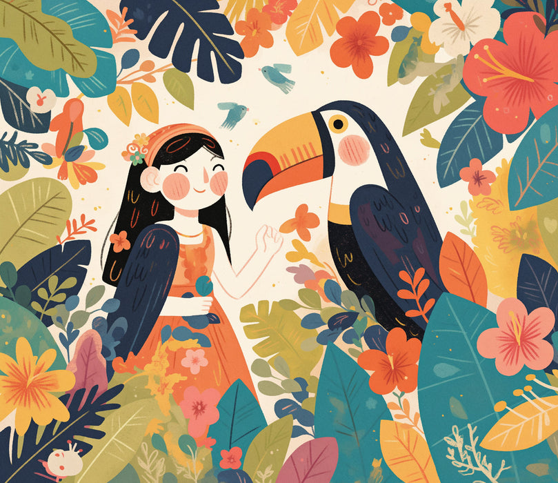 Girl and Toucan Mural Wallpaper in Child's Bedroom | Various Colors (Orange, Blue, Green, etc.) of Toucan