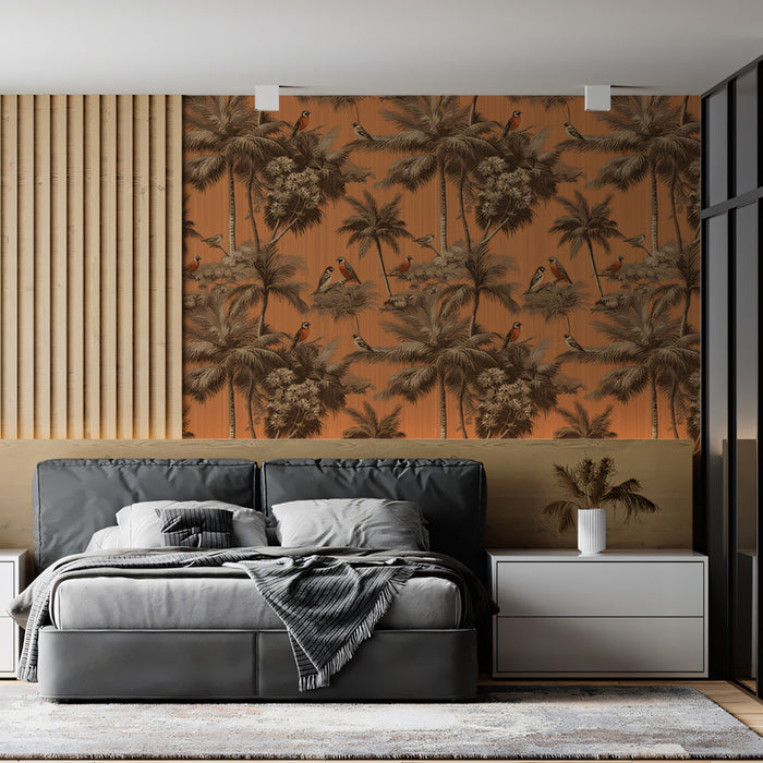 Classic Tropical Birds Mural Wallpaper | Warm Palm Tree Print