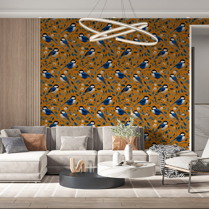Classic Blue Bird Mural Wallpaper | Vintage Floral & Foliage Print