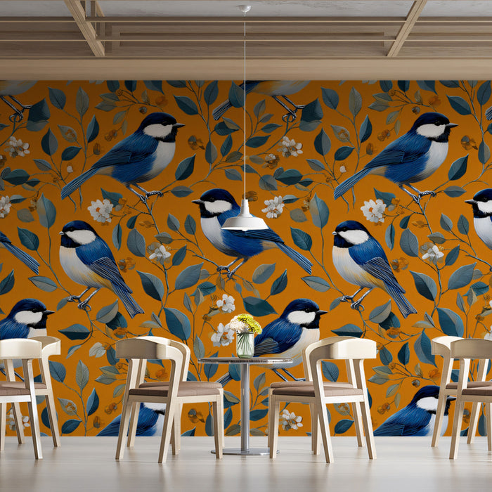 Classic Blue Bird Mural Wallpaper | Vintage Floral & Foliage Print