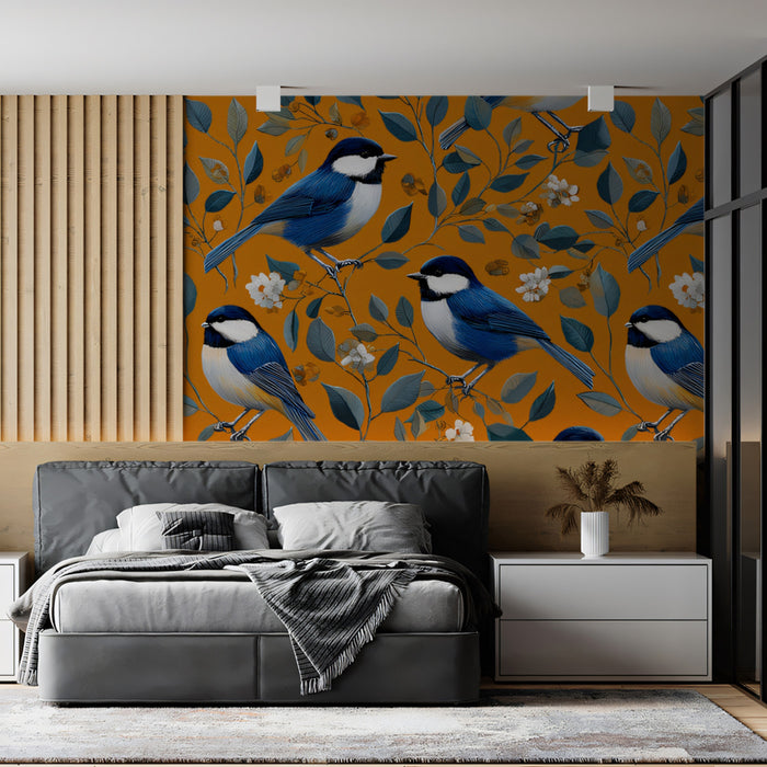 Classic Blue Bird Mural Wallpaper | Vintage Floral & Foliage Print