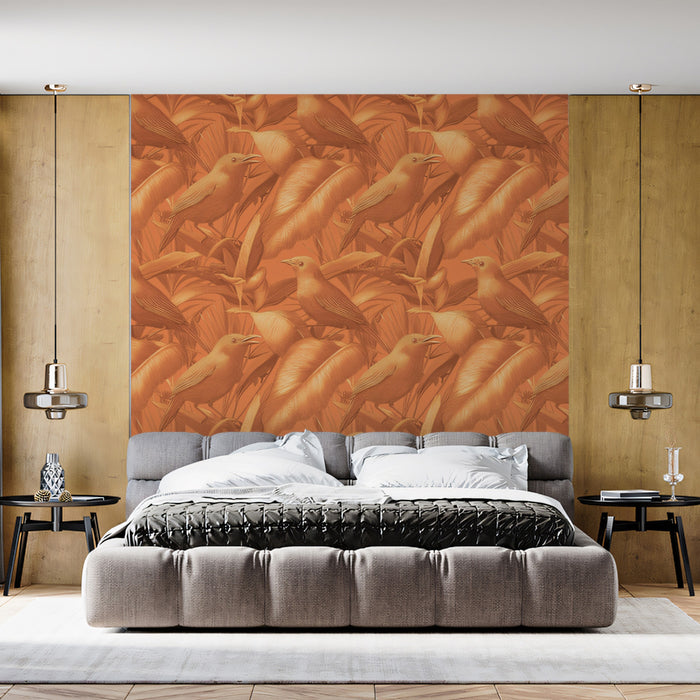 Warm Monochromatic Bird Mural Wallpaper | Rustic Tropical Print