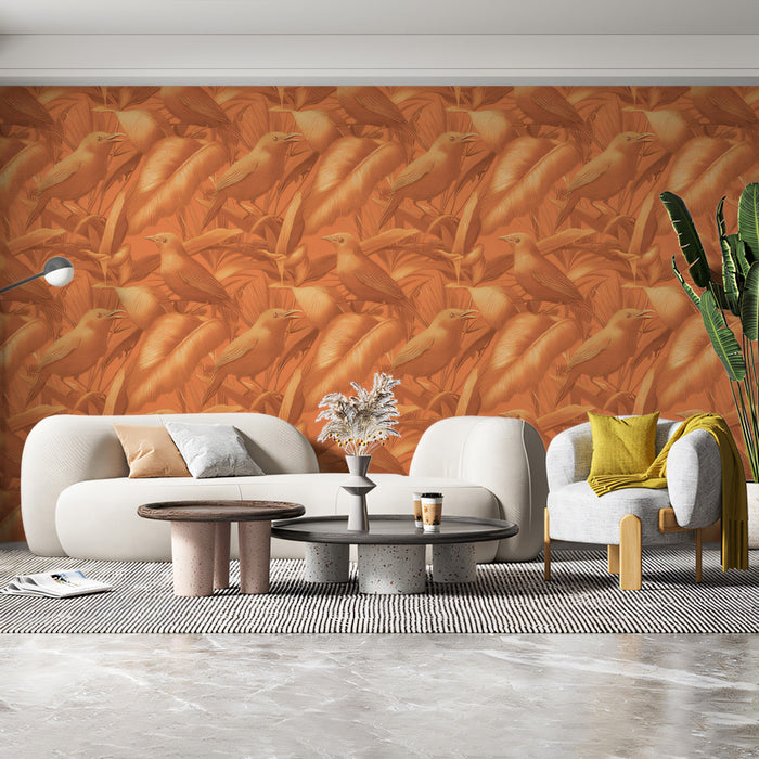 Warm Monochromatic Bird Mural Wallpaper | Rustic Tropical Print