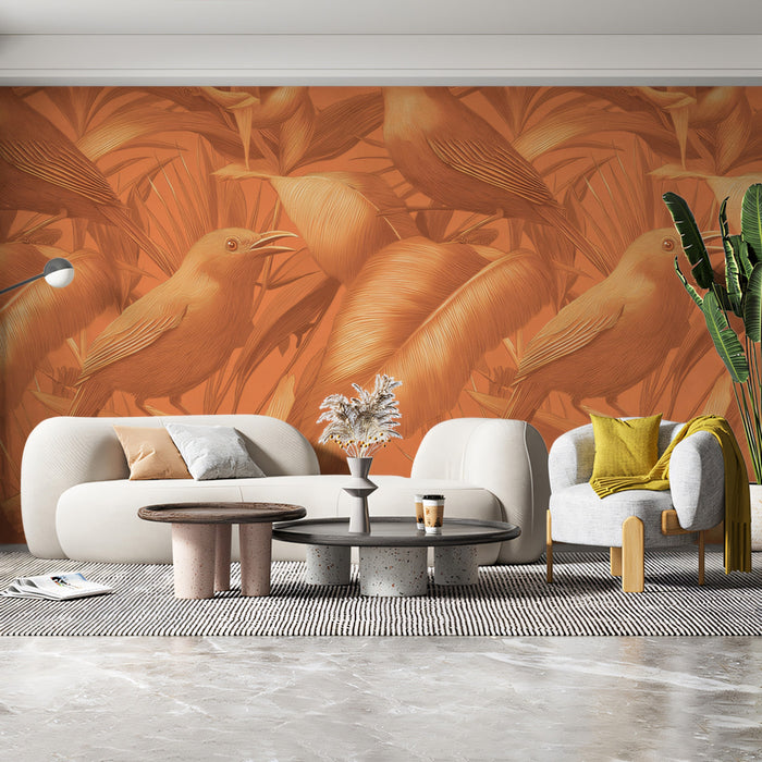 Warm Monochromatic Bird Mural Wallpaper | Rustic Tropical Print
