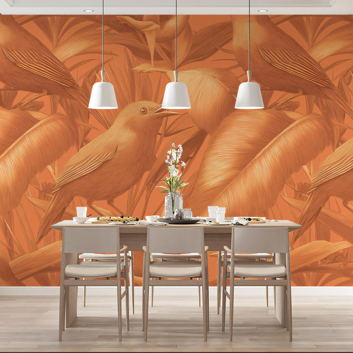 Warm Monochromatic Bird Mural Wallpaper | Rustic Tropical Print