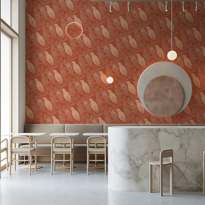 Warm Monochromatic Bird Mural Wallpaper | Rustic Tropical Print