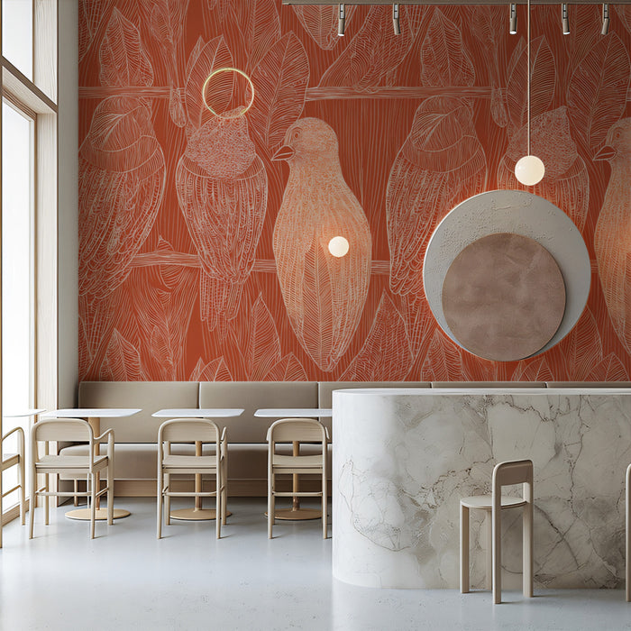 Elegant Feather & Bird Mural Wallpaper | Warm Monochromatic Print