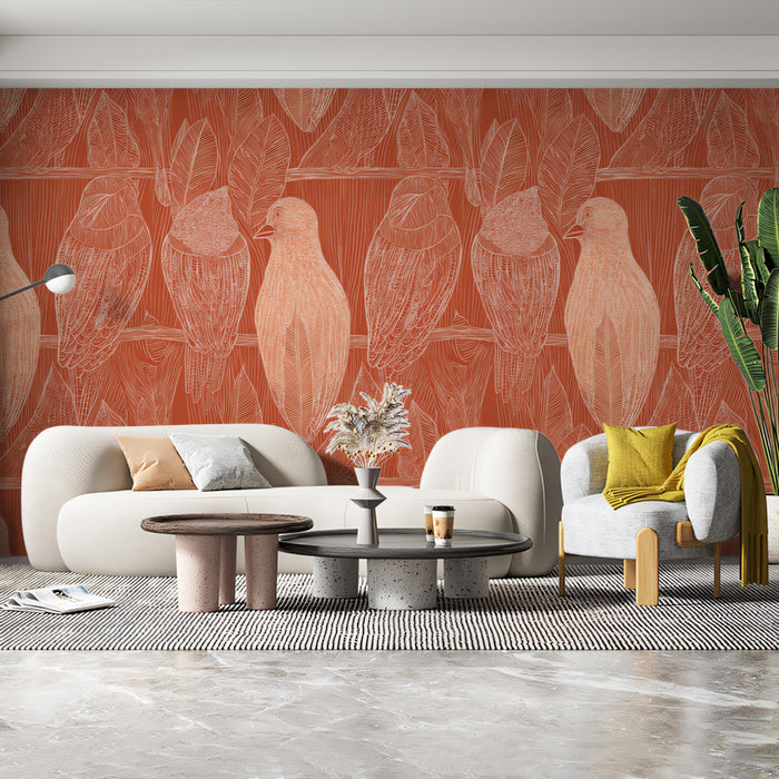 Elegant Feather & Bird Mural Wallpaper | Warm Monochromatic Print