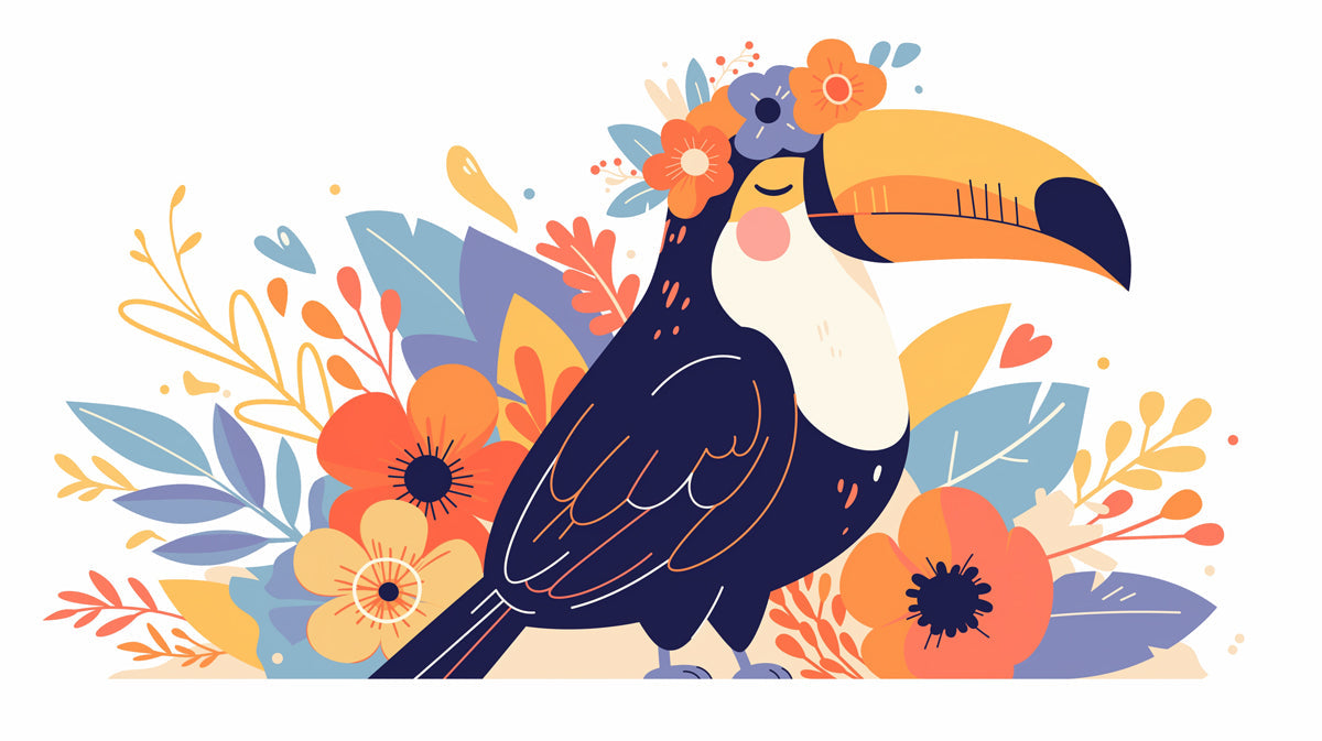 Toucan with Flower Necklace Mural Wallpaper in Child's Room | Various Colors (Blue, Orange, Yellow, etc.) of Toucan