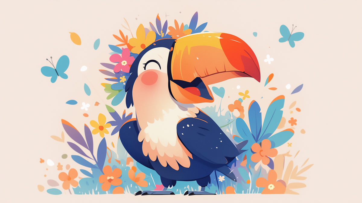 Toucan with Flower Necklace Mural Wallpaper in Child's Room | Various Colors (Blue, Orange, Yellow, etc.) of Toucan