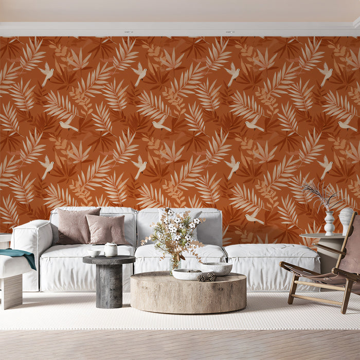 Small-Scale Tropical Birds Mural Wallpaper | Warm Monochromatic Print