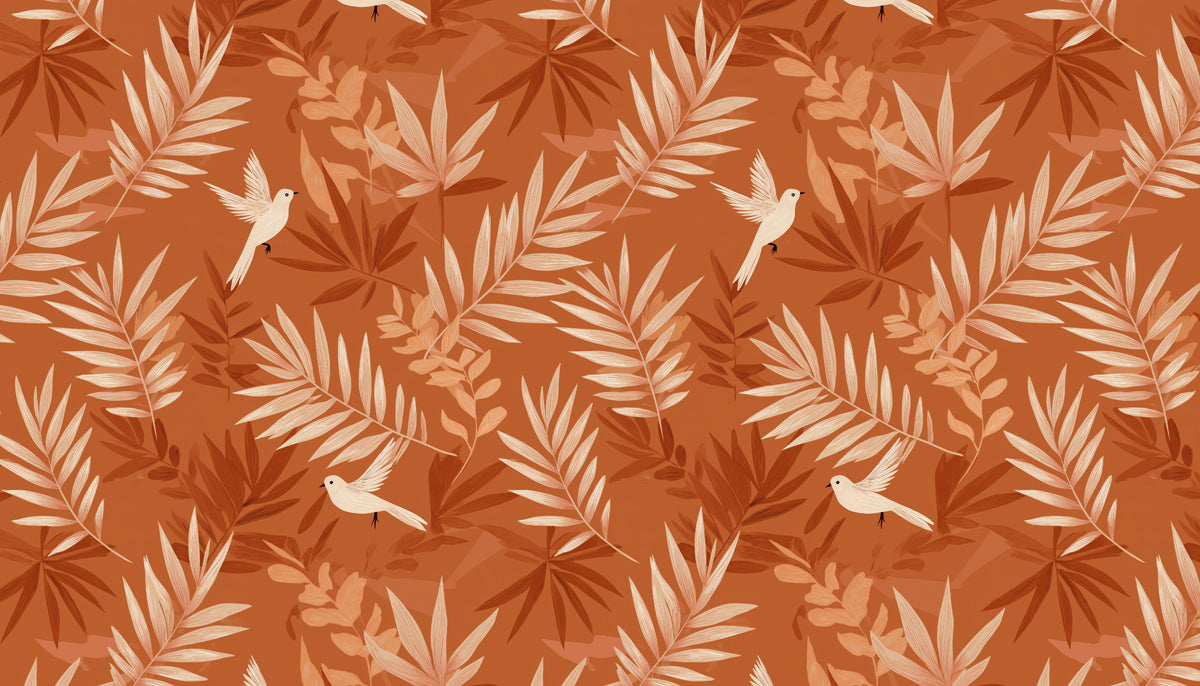 Warm Botanical Bird Mural Wallpaper | Terracotta & White Print