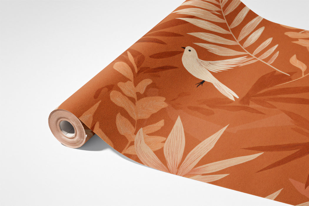 Warm Botanical Bird Mural Wallpaper | Terracotta & White Print