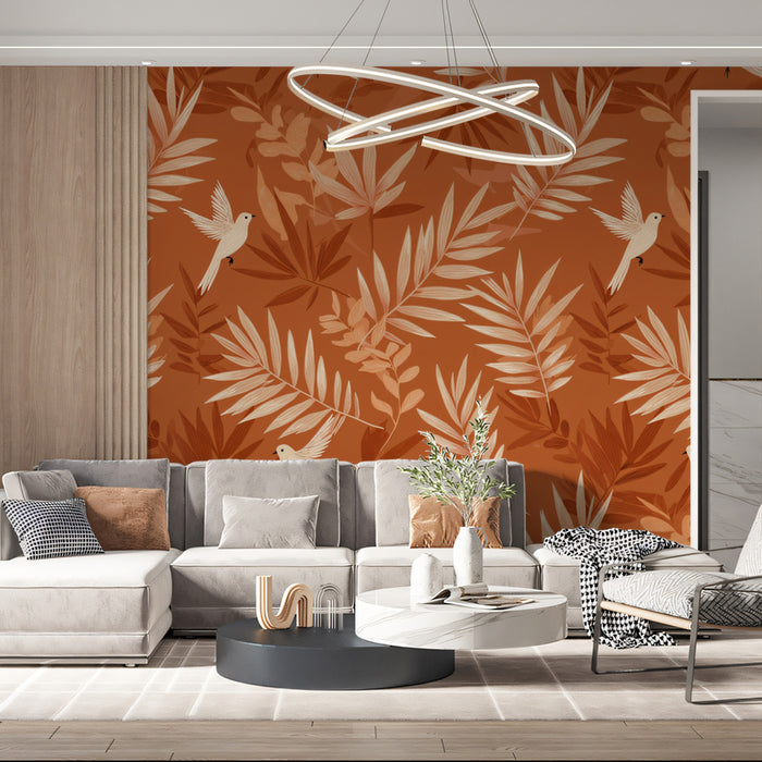 Warm Botanical Bird Mural Wallpaper | Terracotta & White Print