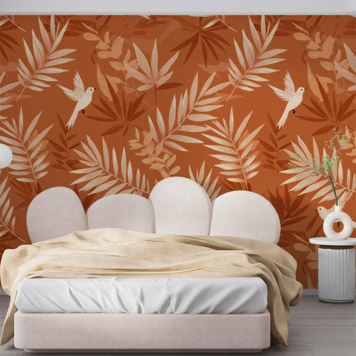 Warm Botanical Bird Mural Wallpaper | Terracotta & White Print