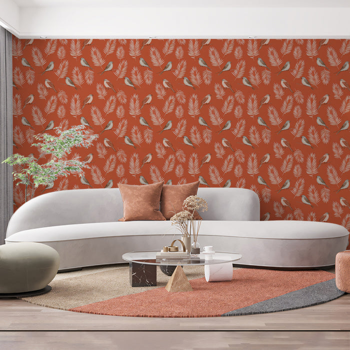 Classic Botanical Bird Mural Wallpaper | Small-Scale Terracotta Print