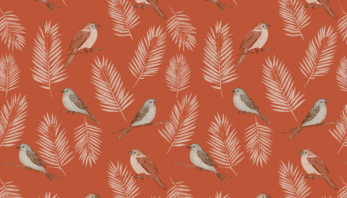 Classic Botanical Bird Mural Wallpaper | Terracotta & Gray Print