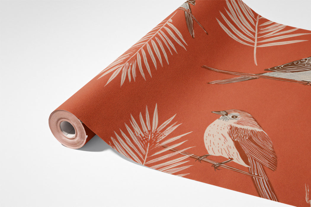 Classic Botanical Bird Mural Wallpaper | Terracotta & Gray Print