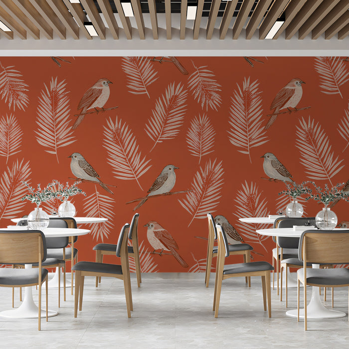 Classic Botanical Bird Mural Wallpaper | Terracotta & Gray Print