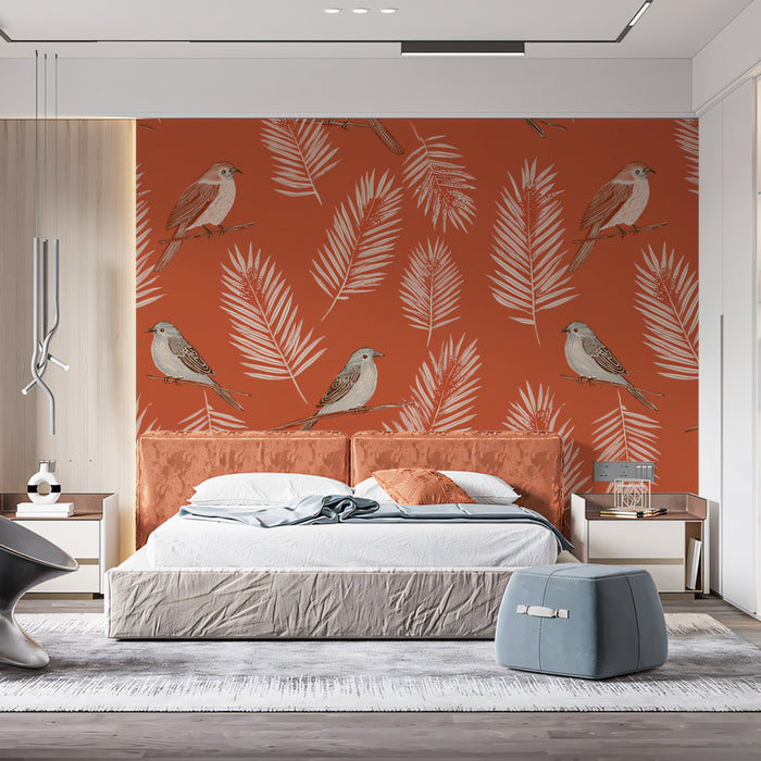 Classic Botanical Bird Mural Wallpaper | Terracotta & Gray Print