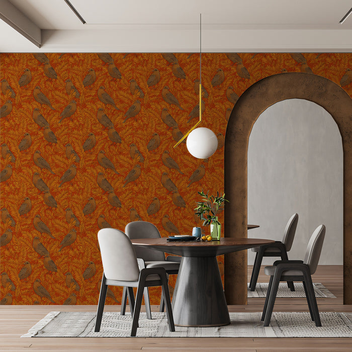 Vintage Botanical Bird Mural Wallpaper | Small-Scale Orange Print