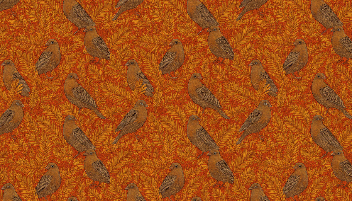 Vintage Botanical Bird Mural Wallpaper | Small-Scale Orange Print