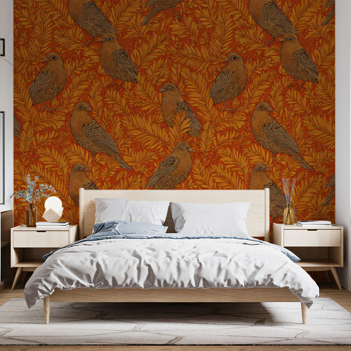 Vintage Botanical Bird Mural Wallpaper | Small-Scale Orange Print