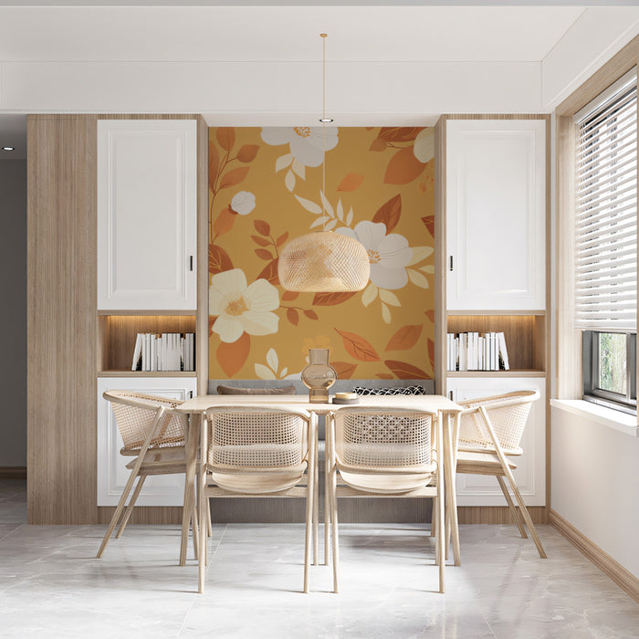 Modern Floral Mural Wallpaper | Stylish Mustard & White Print