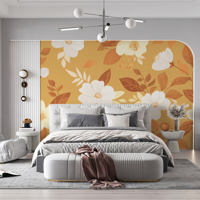 Modern Floral Mural Wallpaper | Stylish Mustard & White Print
