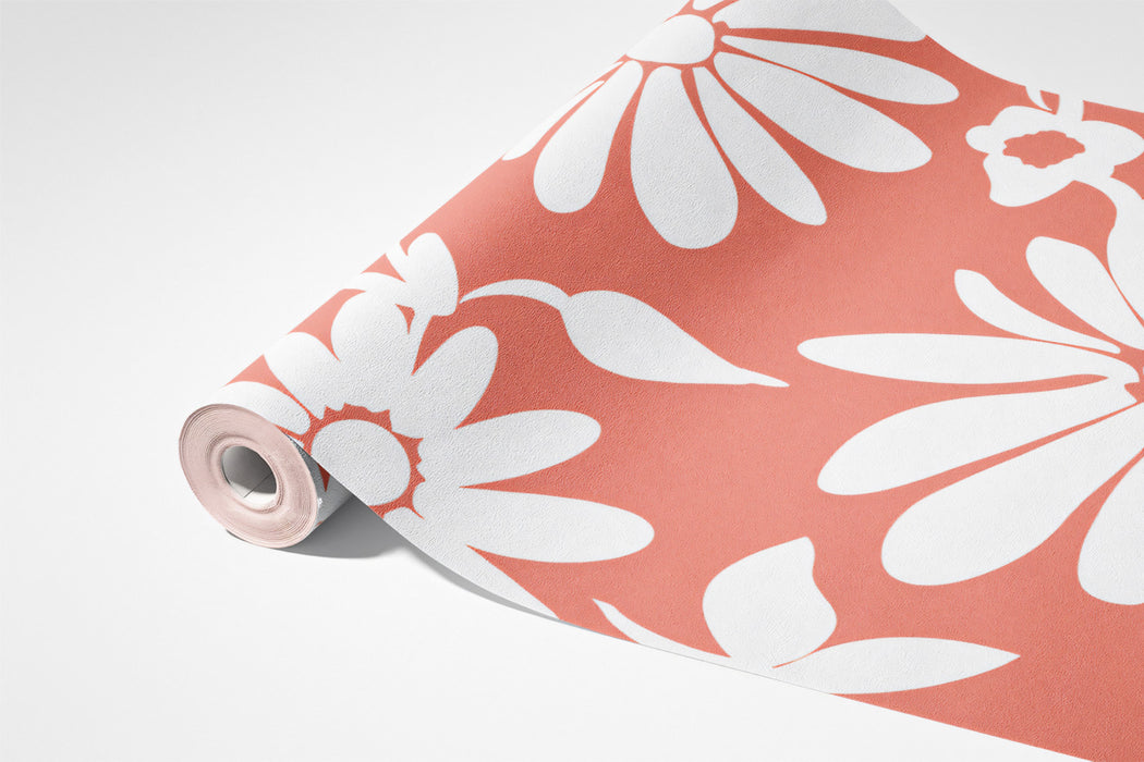 Retro Daisy Mural Wallpaper | Bold Coral & White Floral Print