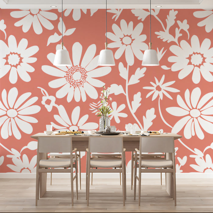 Retro Daisy Mural Wallpaper | Bold Coral & White Floral Print