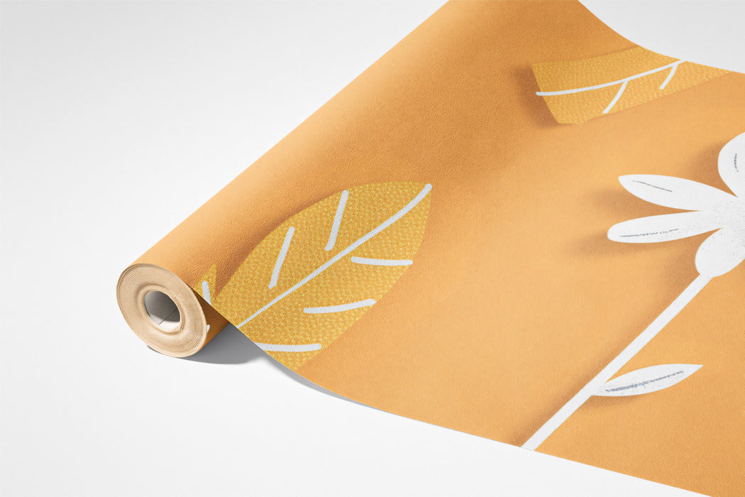 Modern Floral Mural Wallpaper | Graphic Orange & White Print