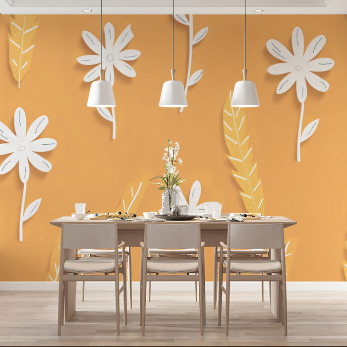Modern Floral Mural Wallpaper | Graphic Orange & White Print