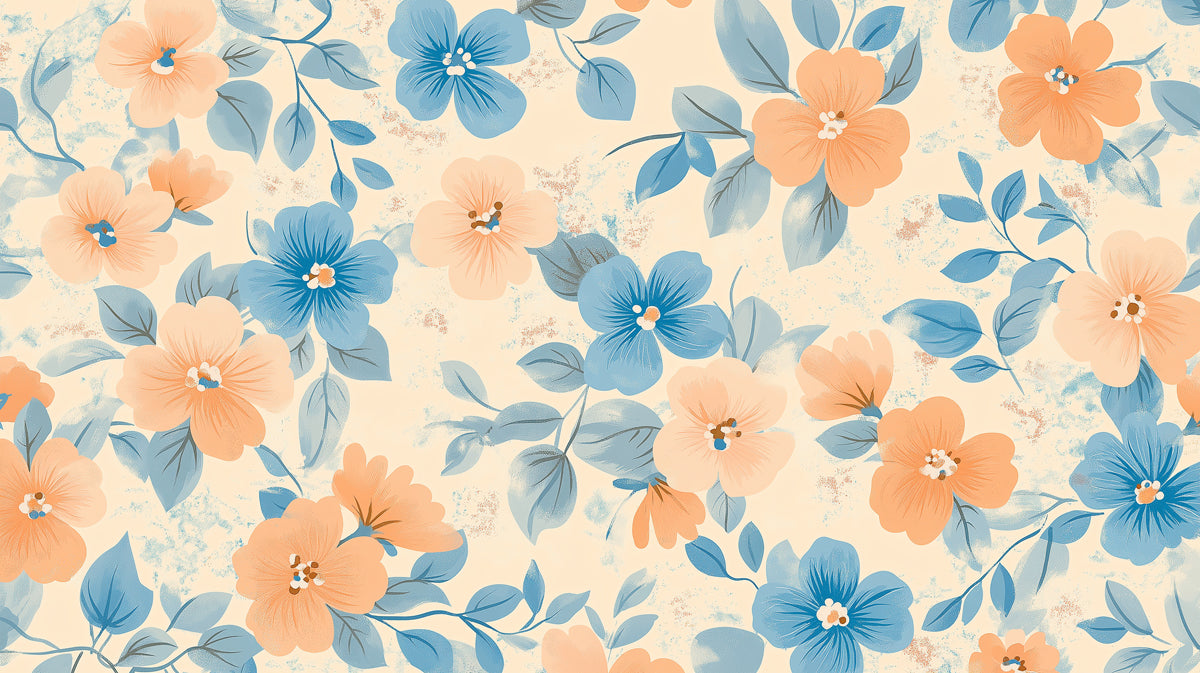 Soft Floral Pattern Mural Wallpaper | Graphic Peach & Blue Print