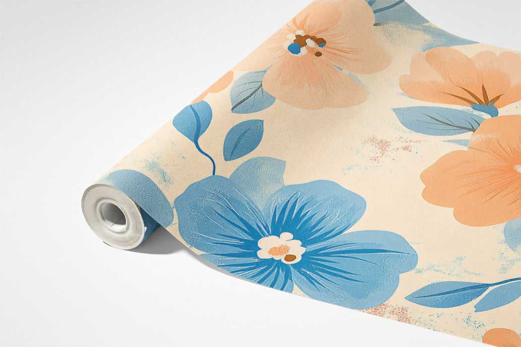 Soft Floral Pattern Mural Wallpaper | Graphic Peach & Blue Print
