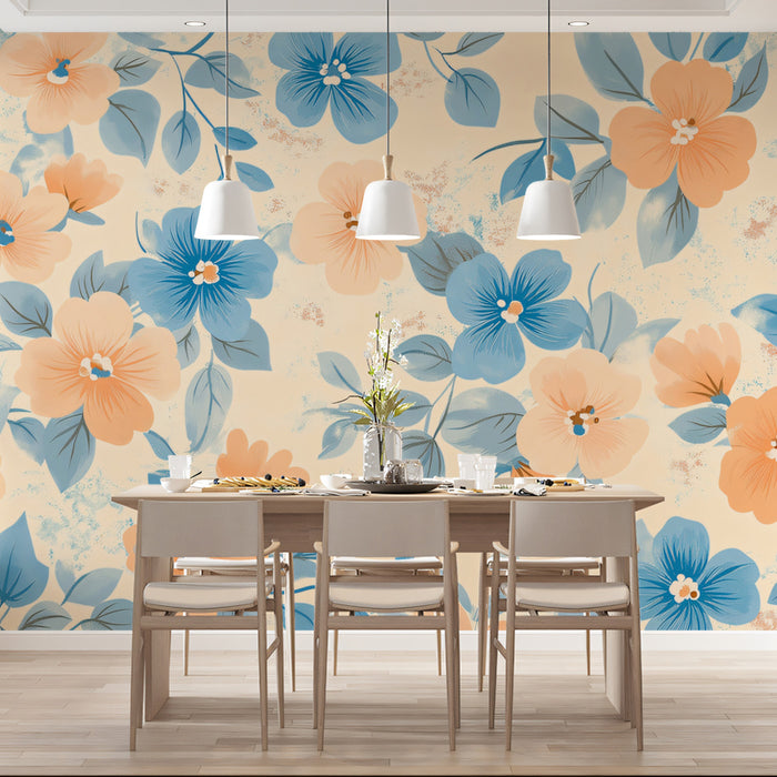 Soft Floral Pattern Mural Wallpaper | Graphic Peach & Blue Print