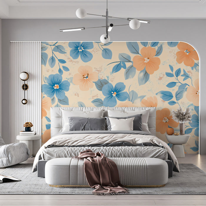 Soft Floral Pattern Mural Wallpaper | Graphic Peach & Blue Print
