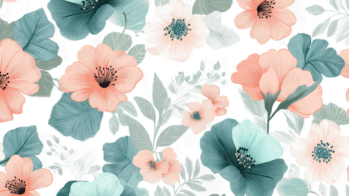 Soft Floral Pattern Mural Wallpaper | Elegant Teal & Peach Print