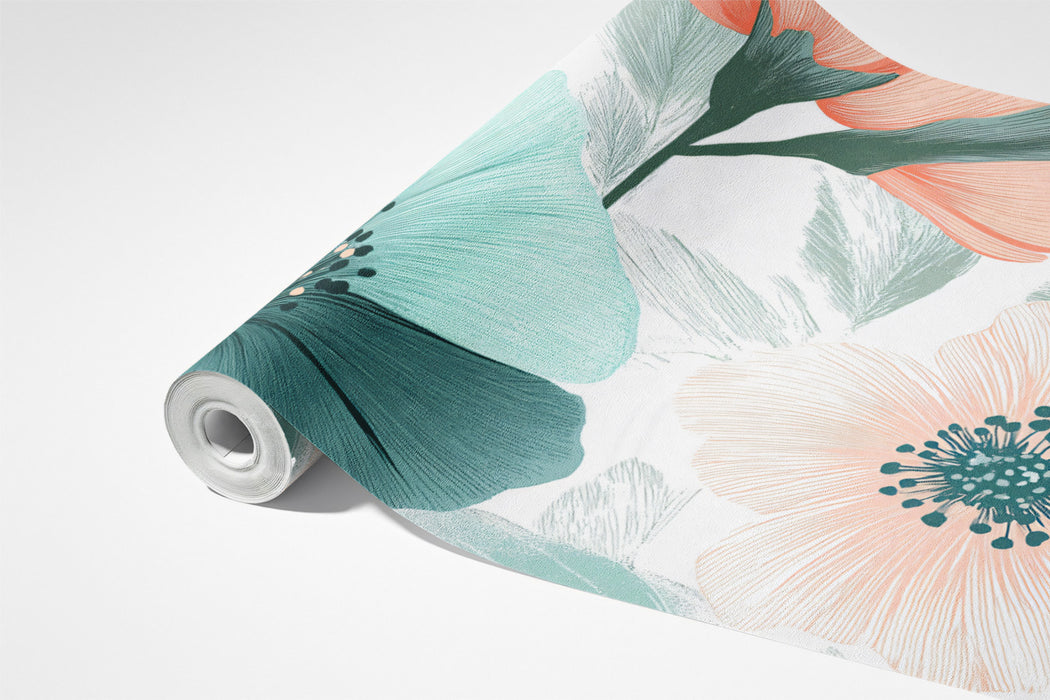 Soft Floral Pattern Mural Wallpaper | Elegant Teal & Peach Print
