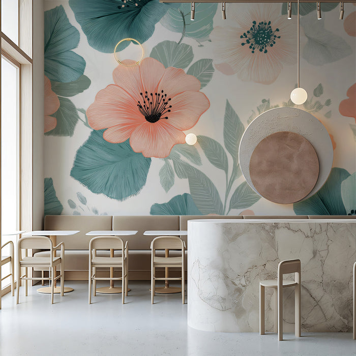 Soft Floral Pattern Mural Wallpaper | Elegant Teal & Peach Print