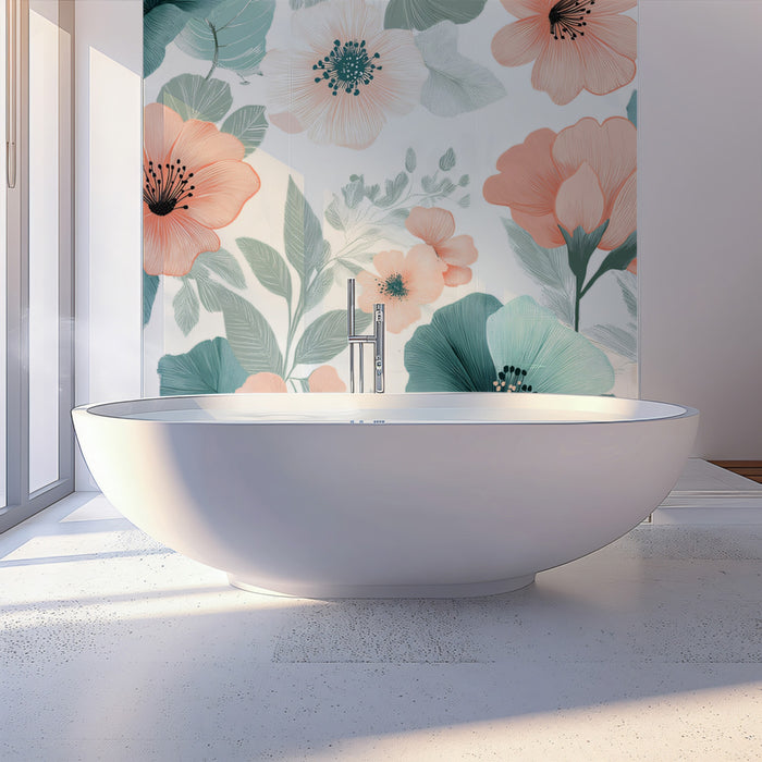 Soft Floral Pattern Mural Wallpaper | Elegant Teal & Peach Print