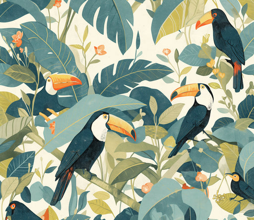 Multiple Toucans in Jungle Mural Wallpaper in Bedroom | Various Colors (Green, Blue, Orange, etc.) of Toucans