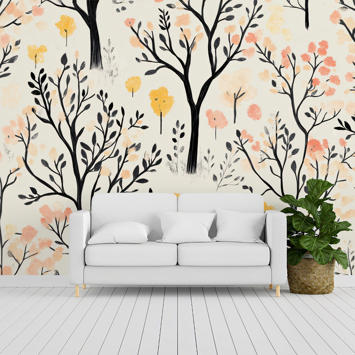 Whimsical Forest Mural Wallpaper | Artistic Tree & Blossom Print