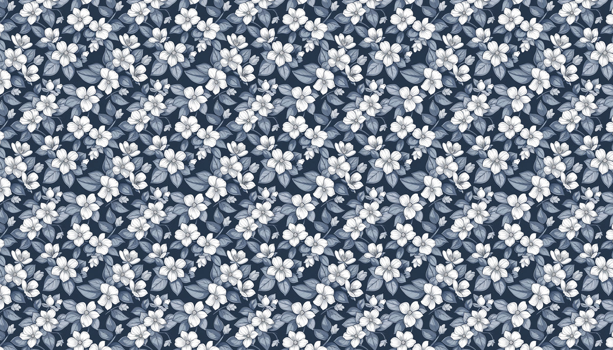 Monochromatic Floral Mural Wallpaper | Elegant Blue & White Botanical